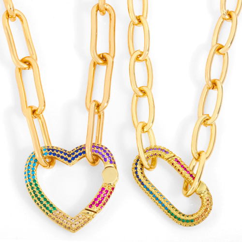 18K Gold Plated Colorful CZ Micro Pave Zirconia Paperclip Chain Oval and Heart Pendant Necklace for Women