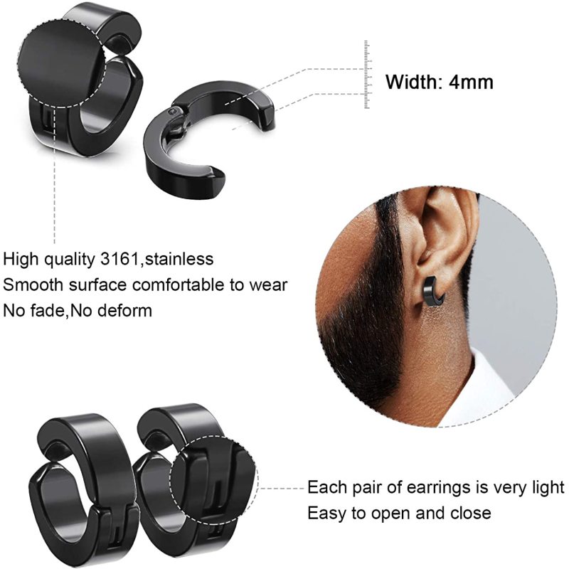 Luxury Magnet Stainless Steel Black CZ Non Piercing Cross Dangle Hoop Ring Set Clip on Magnetic Stud Earrings for Men Women