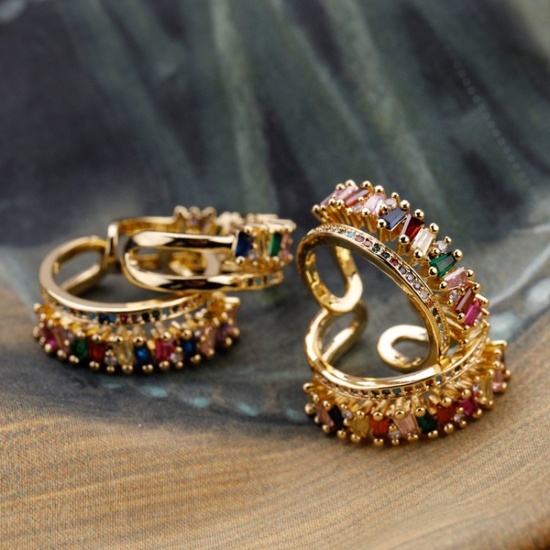 Luxury Multi-layer Colourful Gemstones Open Ring Gold Plated Zircon CZ Creative Design Diamonds Jewelry Round Rings Adjustable