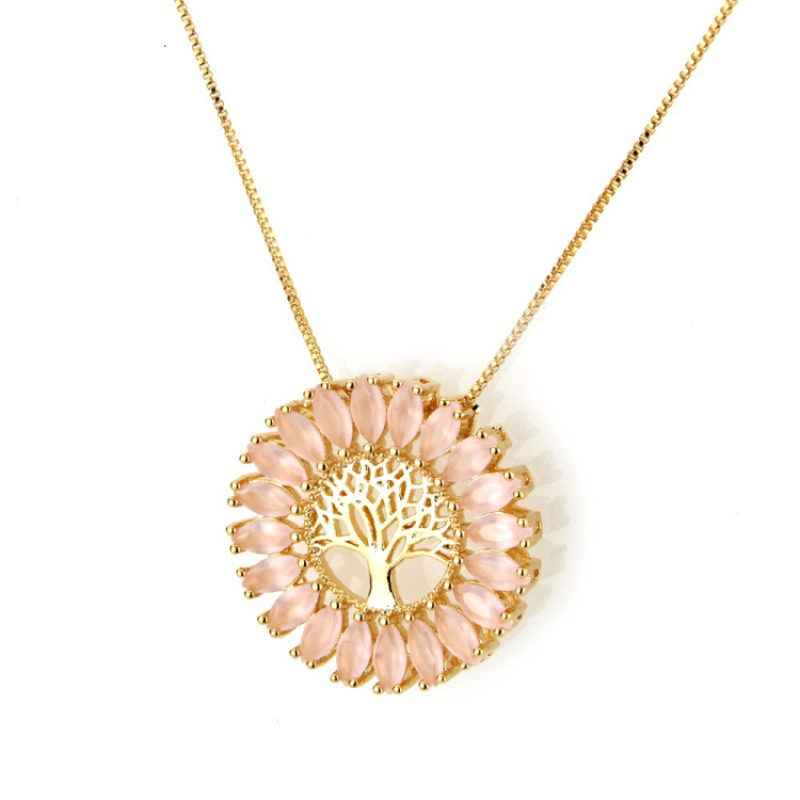 Custom Design Pink and Crystal Micro Pave Pendant Necklace Beautiful Ladies Life Tree Jewelry Necklace with Chain