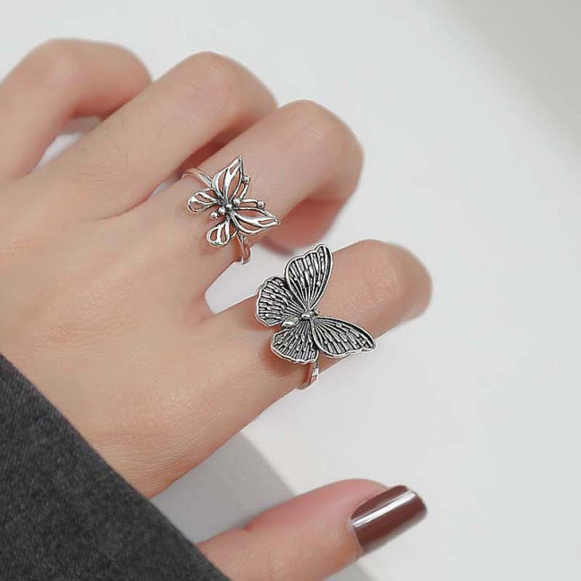 Temperament Personality Jewelry Simple Design Retro Antique Silver Hollow Butterfly Ring For Women