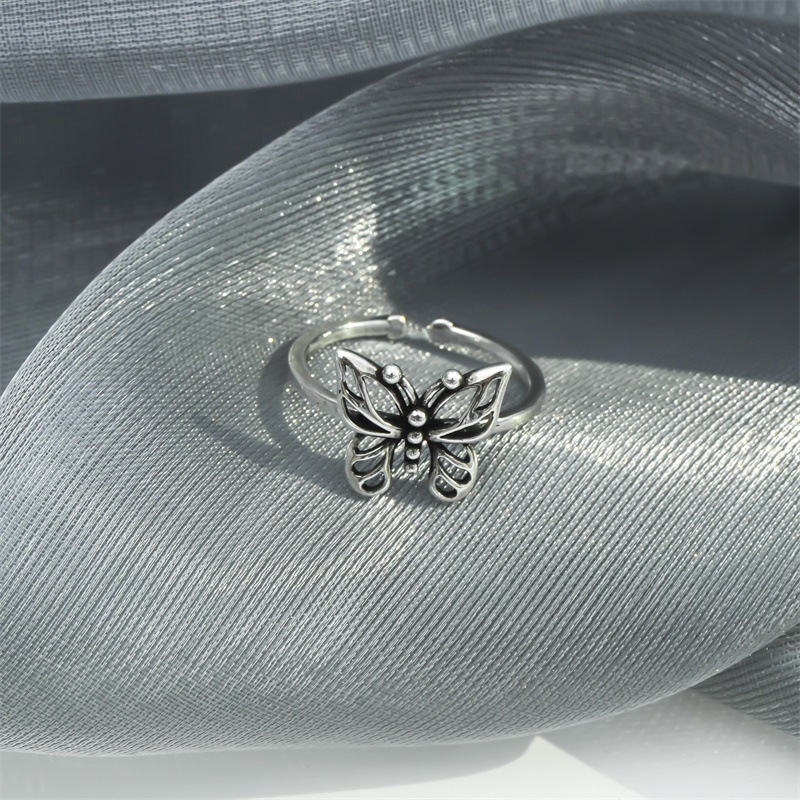 Temperament Personality Jewelry Simple Design Retro Antique Silver Hollow Butterfly Ring For Women