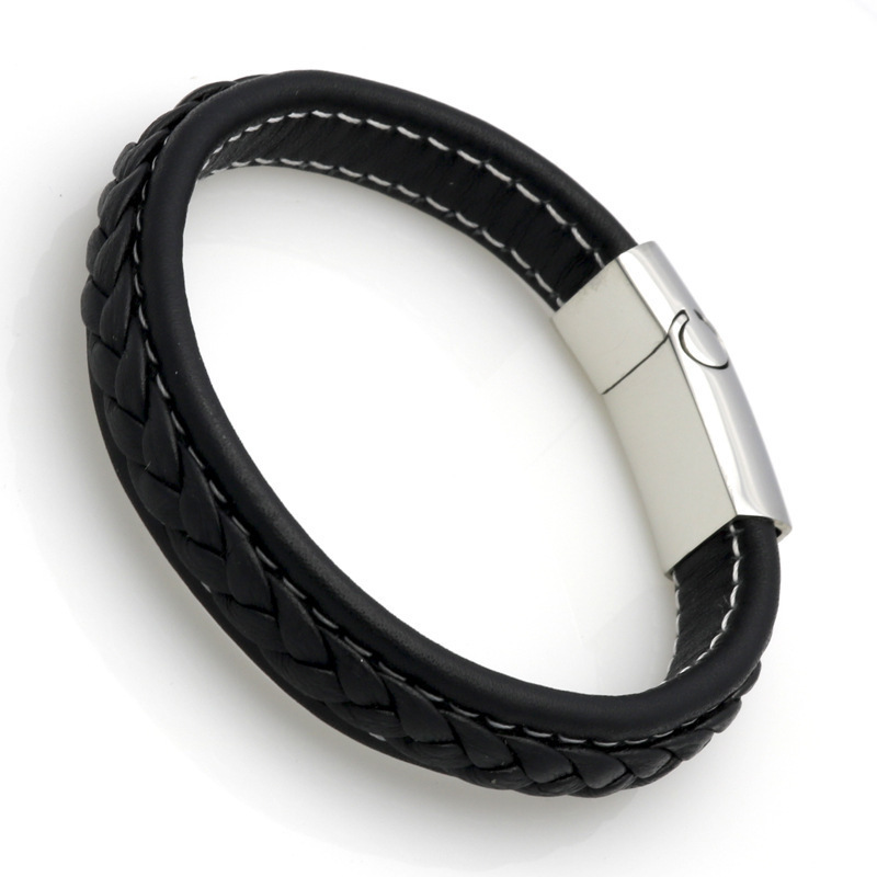 Cool Design Man Woven Black and Brown PU Leather Bracelet Fashion Magnetic Snap Bracelet
