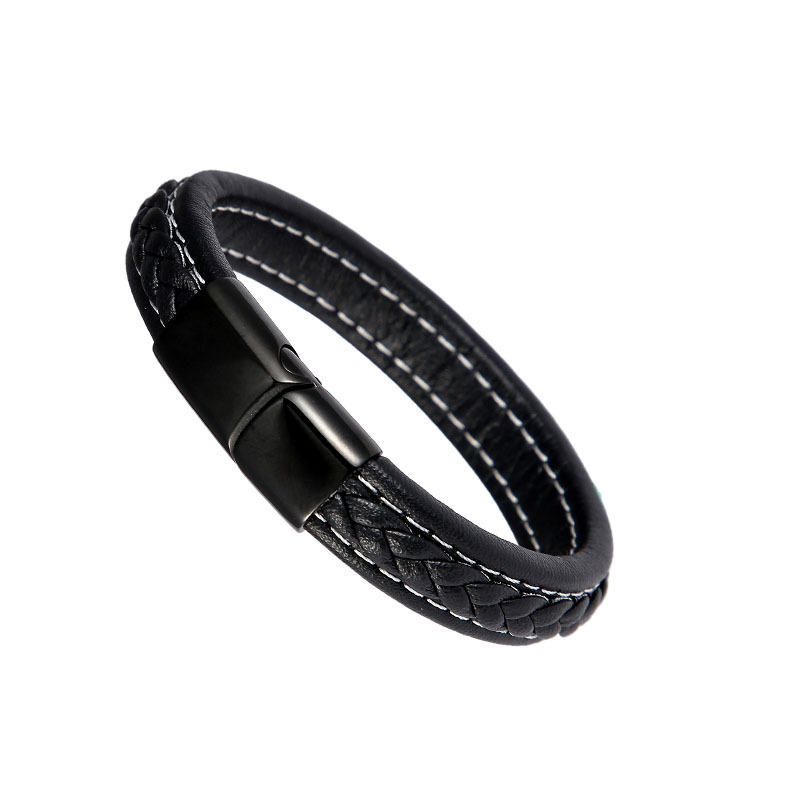 Cool Design Man Woven Black and Brown PU Leather Bracelet Fashion Magnetic Snap Bracelet
