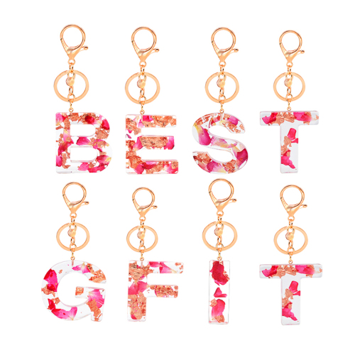Luxury Design Handmade Real Rose Flower and Gold Foil Letter Resin Keychain Gold Chain Ring for Gift