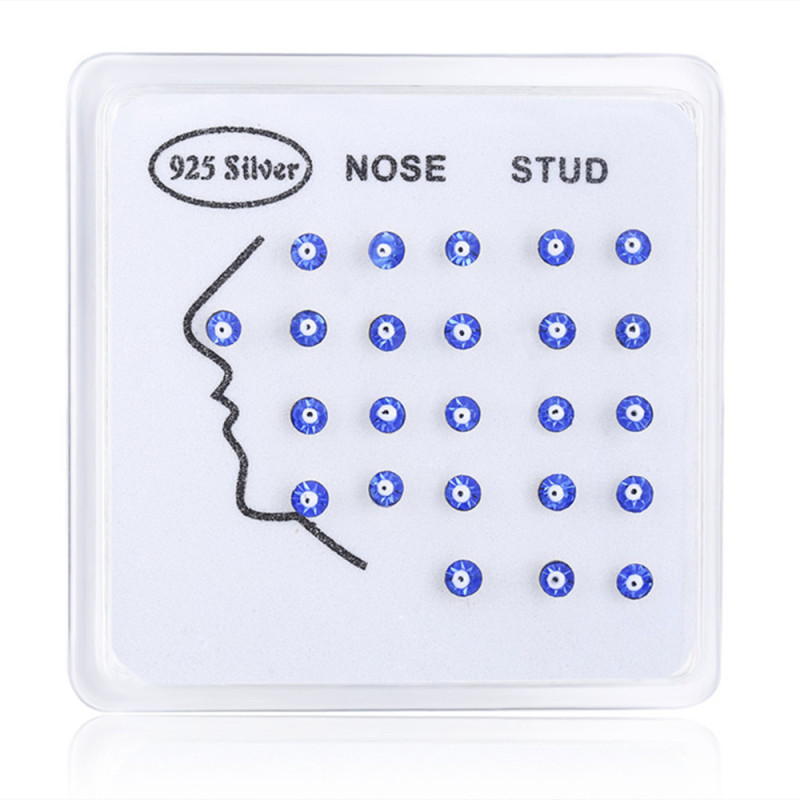 Inlaid 24Pcs Set Nose Rings Bulk Body Piercing Jewelry with Box 925 Sterling Silver 3MM Blue Cubic Zirconia Evil Eyes Nose Studs