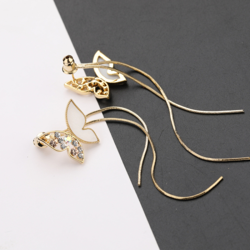 Luxury 18K Gold Plated Women Brass Butterfly Stud Metal Chain Tassel Earring with Rhinestone