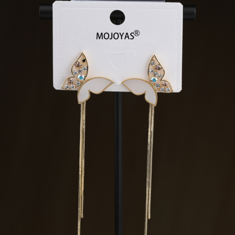 Luxury 18K Gold Plated Women Brass Butterfly Stud Metal Chain Tassel Earring with Rhinestone