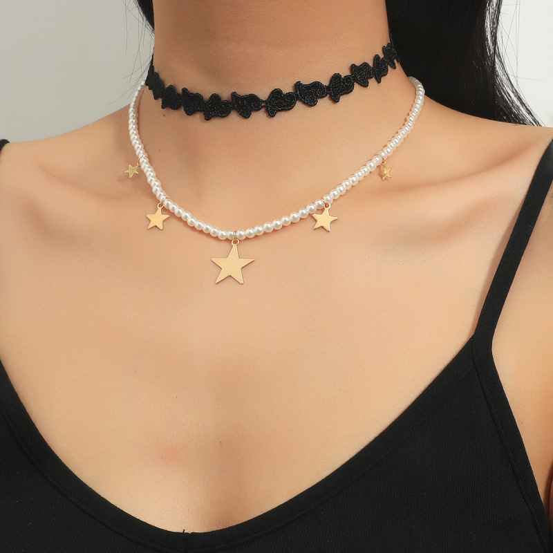 Elegant Multi Layer Jewelry Leather shaped heart chain Star Pendant Imitation Pearl Necklace