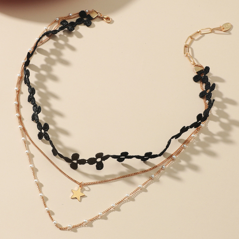 Elegant Multi Layer Jewelry Leather shaped heart chain Star Pendant Imitation Pearl Necklace