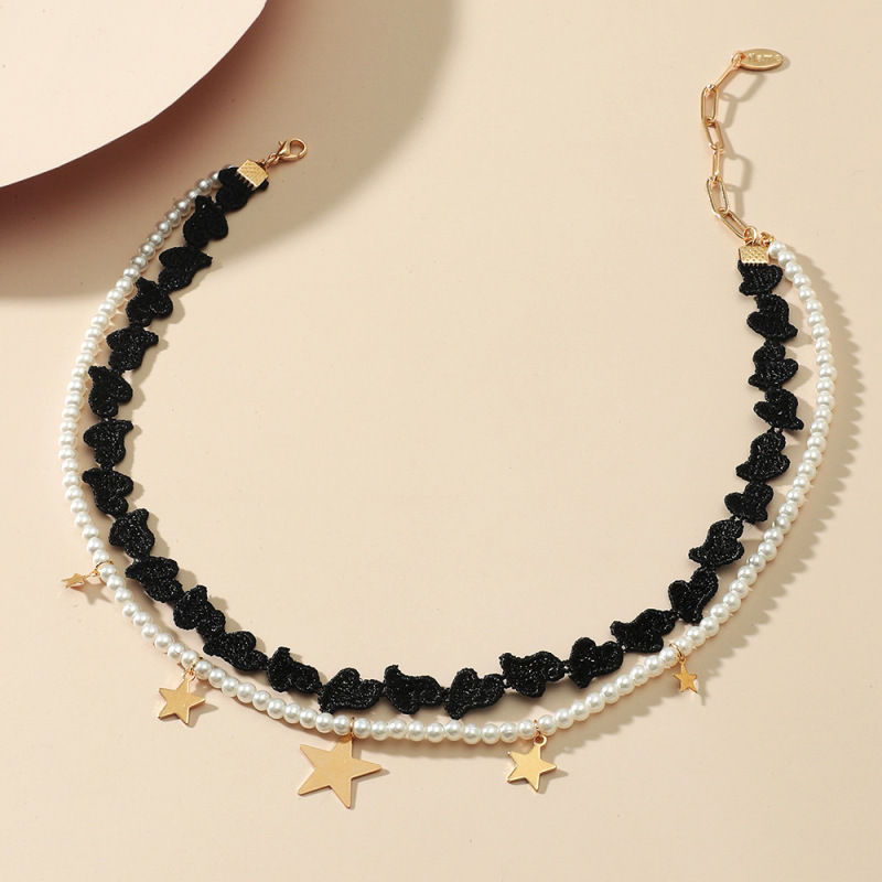 Elegant Multi Layer Jewelry Leather shaped heart chain Star Pendant Imitation Pearl Necklace