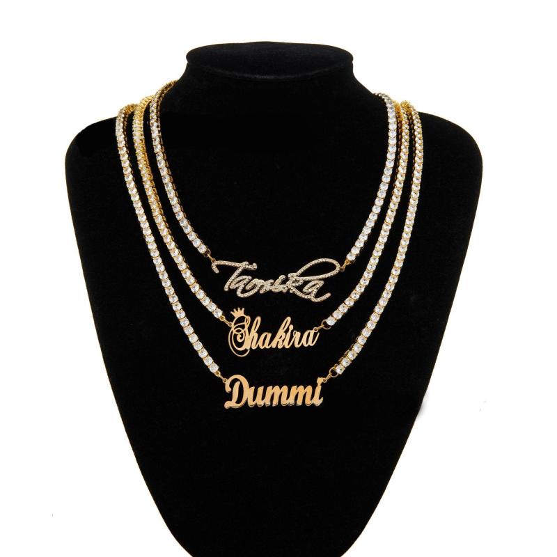 2021 Women Gold Plated Stainless Steel Hip Hop Style Zircon Tennis Chain Customized Name Letter Jewelry Beaded Necklace