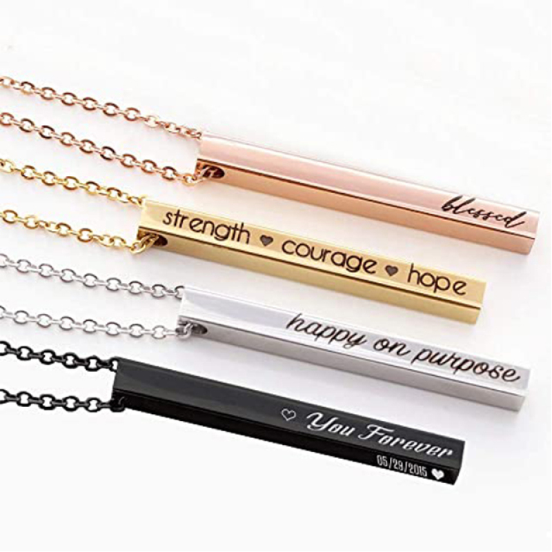 Stainless Steel Custom Personalized Vertical Blank Bar Necklace Engraved Name Date Chain Necklace For Women Men Birthday Gift
