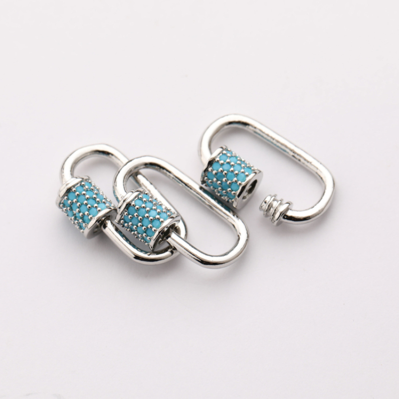 Turquoise CZ Micro Pave Oval Shape Clasp Carabiner Pendant for Necklace Bracelet Jewelry Findings