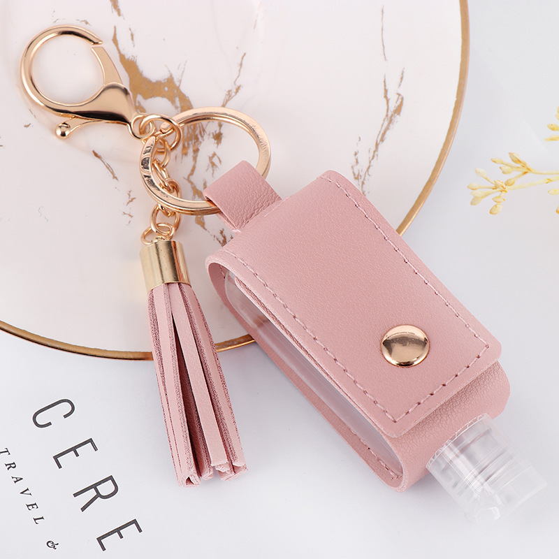 New Fashion PU Leather Portable Hand Sanitizer Bottle Bag Charm Key Chain with Tassel