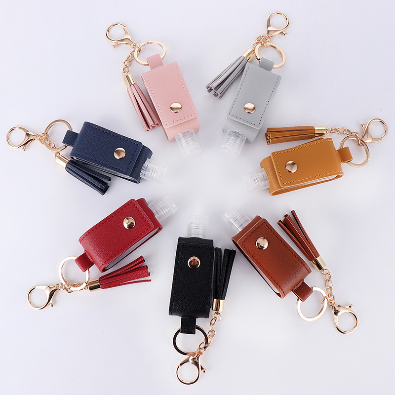 New Fashion PU Leather Portable Hand Sanitizer Bottle Bag Charm Key Chain with Tassel