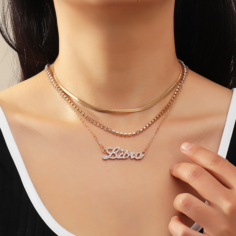 Gold Plated Customized Zircon Multi Layered Alphabet Chain Crystal Pendant Zodiac Necklace for Women