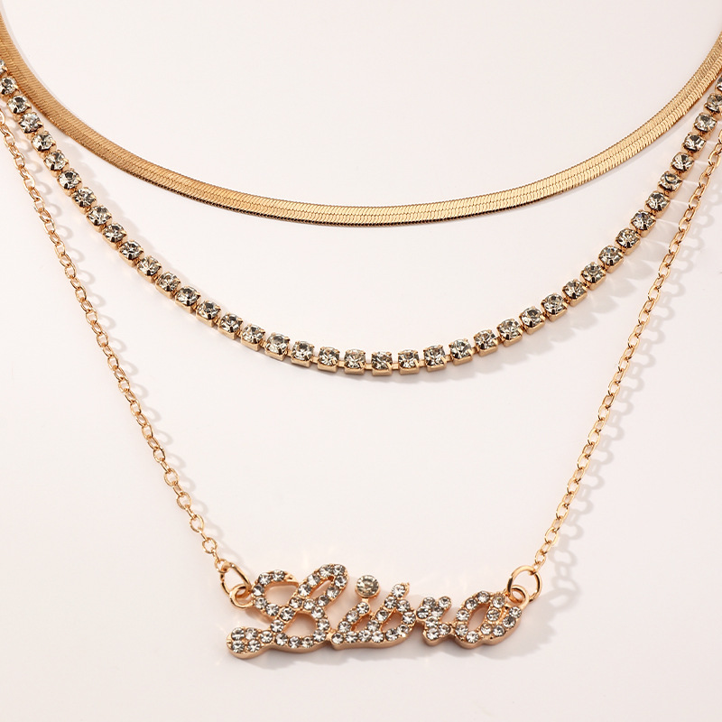 Gold Plated Customized Zircon Multi Layered Alphabet Chain Crystal Pendant Zodiac Necklace for Women