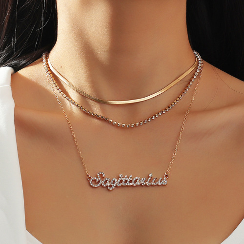 Gold Plated Customized Zircon Multi Layered Alphabet Chain Crystal Pendant Zodiac Necklace for Women