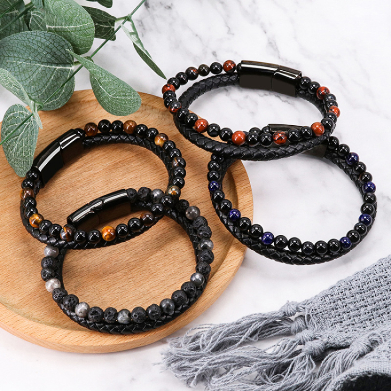 Mens and Womens Handmade Natural Stone Bracelets Real Black Leather Bracelet
