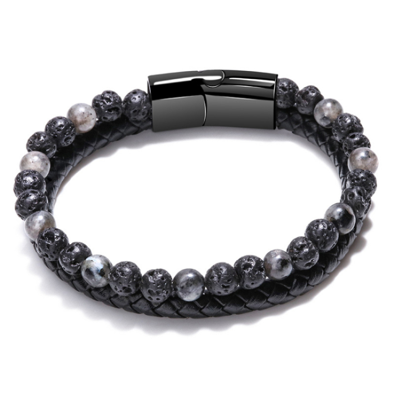Mens and Womens Handmade Natural Stone Bracelets Real Black Leather Bracelet