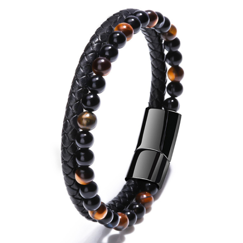 Mens and Womens Handmade Natural Stone Bracelets Real Black Leather Bracelet
