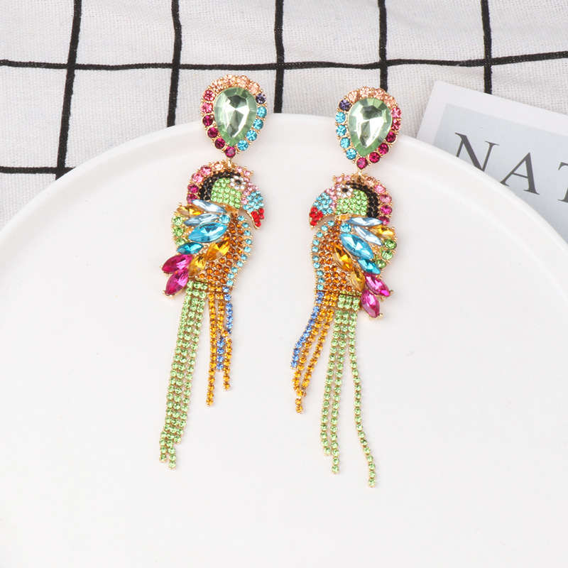 Bohemia Retro Rainbow Crystal Rhinestone Bird Parrot Earrings Luxury Colorful Crystal Fringe Tassel Dangle Earrings For Women