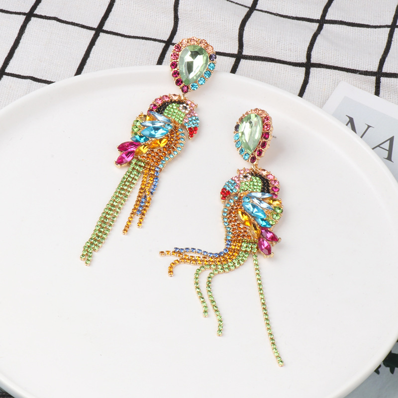 Bohemia Retro Rainbow Crystal Rhinestone Bird Parrot Earrings Luxury Colorful Crystal Fringe Tassel Dangle Earrings For Women