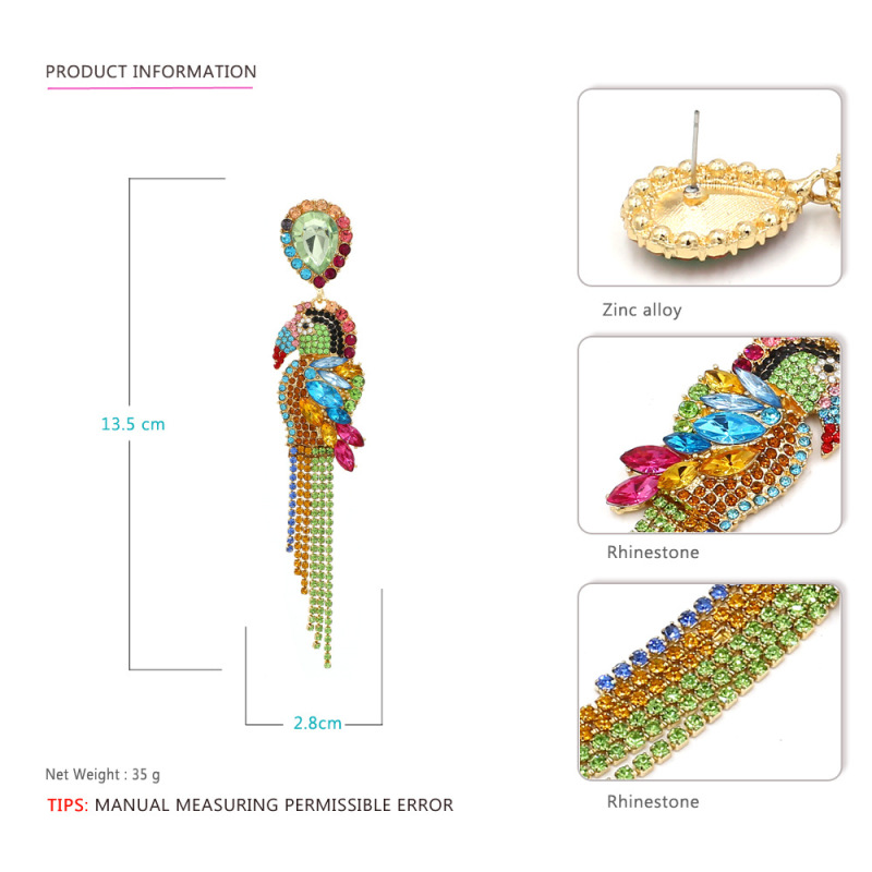 Bohemia Retro Rainbow Crystal Rhinestone Bird Parrot Earrings Luxury Colorful Crystal Fringe Tassel Dangle Earrings For Women