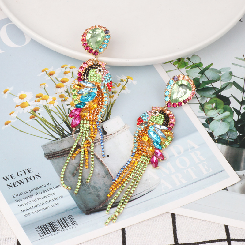 Bohemia Retro Rainbow Crystal Rhinestone Bird Parrot Earrings Luxury Colorful Crystal Fringe Tassel Dangle Earrings For Women