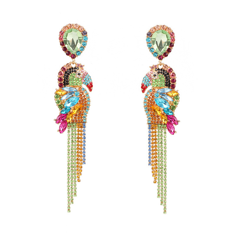Bohemia Retro Rainbow Crystal Rhinestone Bird Parrot Earrings Luxury Colorful Crystal Fringe Tassel Dangle Earrings For Women