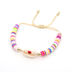 Gold Plated Seashell Pulsera Boho Colorful Devil Eyes Charm Adjustable Polymer Clay Vinyl Heishi Beads Bracelets