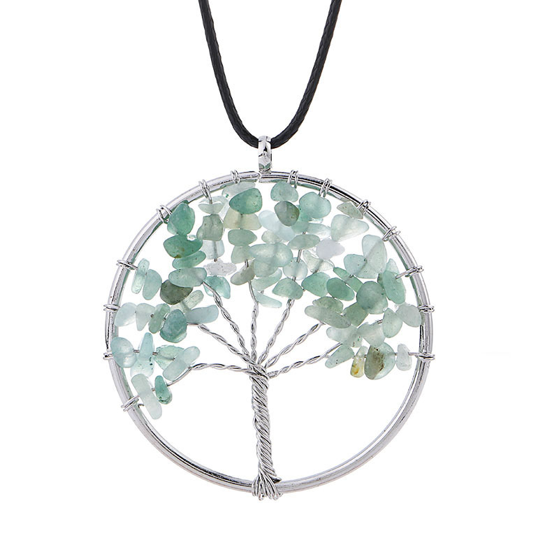 2021 Hot Sale Handmade Colorful Small Natural Stone Life Tree Charm Necklace Metal and Leather Chain Necklaces