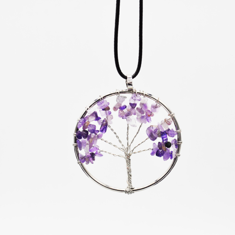 2021 Hot Sale Handmade Colorful Small Natural Stone Life Tree Charm Necklace Metal and Leather Chain Necklaces