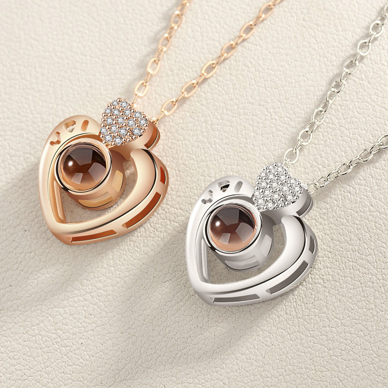 Fashion Valentines Day Gifts 100 Languages I Love You Rose Gold Love Memory Projection Zircon Pendant Necklace Hot sale products