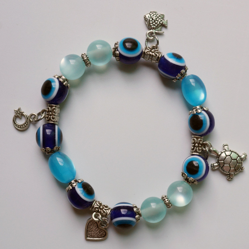 Vintage devil eye bangle Turkish blue eyes jewelry moon star shell pendant evil eyes bracelet