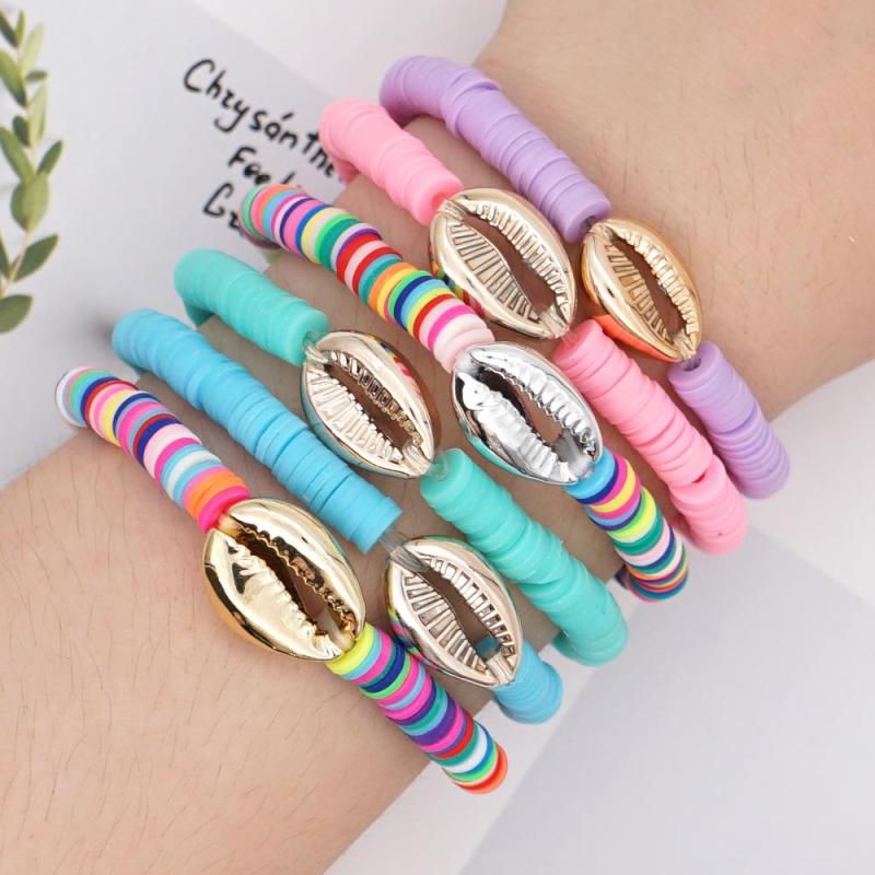 Natural Sea Shell Jewelry 2021 Summer Beach Enamel Sea Shells Heishi Disc Beads Stretch Polymer Clay Bracelet