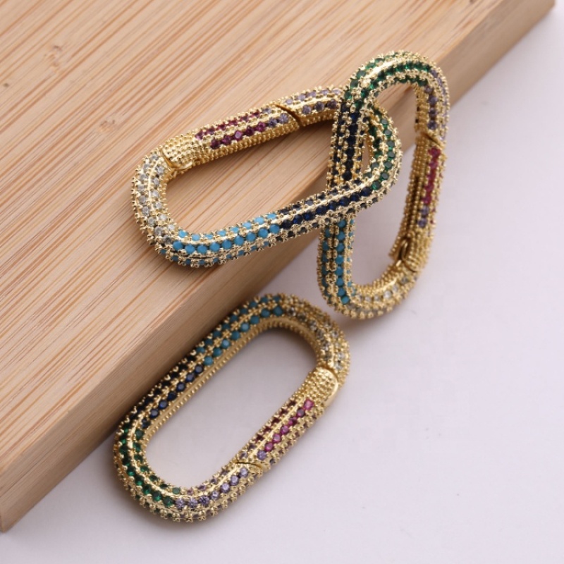 High Quality CZ Micro Pave Multi Color Oval Shaped Clasp Carabiner Gold Plated Pendant for Necklace Jewelry Making