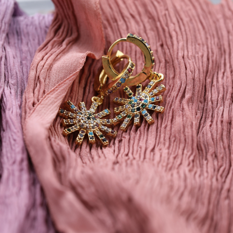 New Trendy Fashionable Brass Zircon Designer Sun Star Shape Earrings for Women and Girls