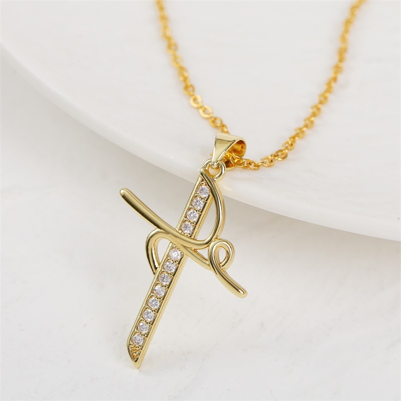 Simple Geometric Long Crystal Real Gold Plated Pendant Necklace Jewelry Brass Micro Insert Zircon Cross Necklace