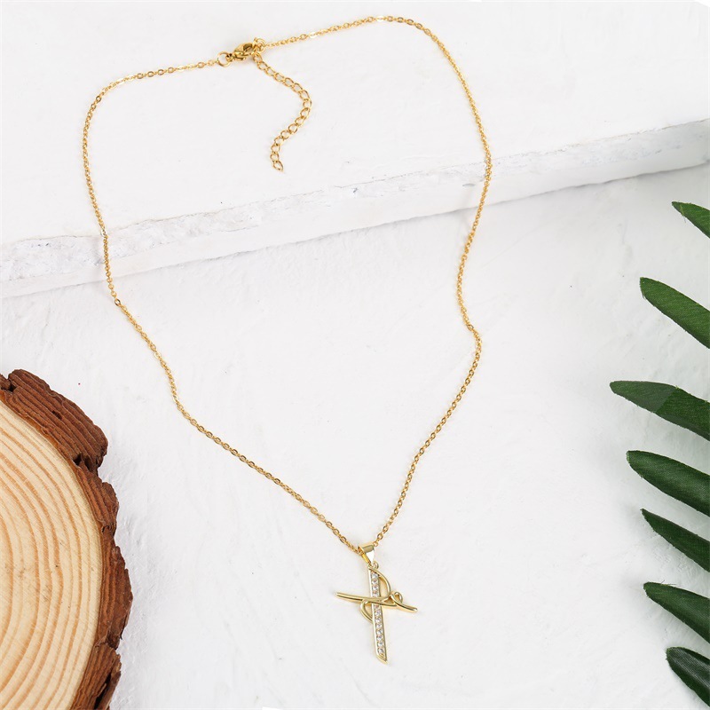 Simple Geometric Long Crystal Real Gold Plated Pendant Necklace Jewelry Brass Micro Insert Zircon Cross Necklace