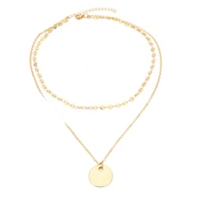 Wholesale Women Fashion Accessories Gold Plated Real Gold Round Disk Shaped Long Chain Double-deck Pendant  Necklace