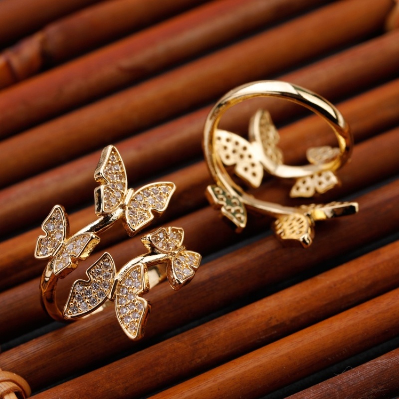 Fashion Jewelry Gold Plated Double Butterflies Puzzle Rings Resizable Copper Zircon Ring For Lady New Arrival 2021