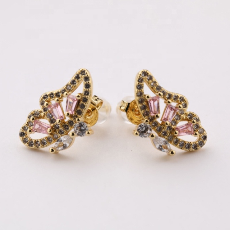 Beautiful  Gold and Silver Plated Jewelry High Quality Pink/Crystal Zircon Half Butterfly Stud Earrings
