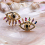 New Handmade Micro Insert Zirconia Gold Brass Lifelike Nazar Boncuk Stud Earring Jewelry for Womens