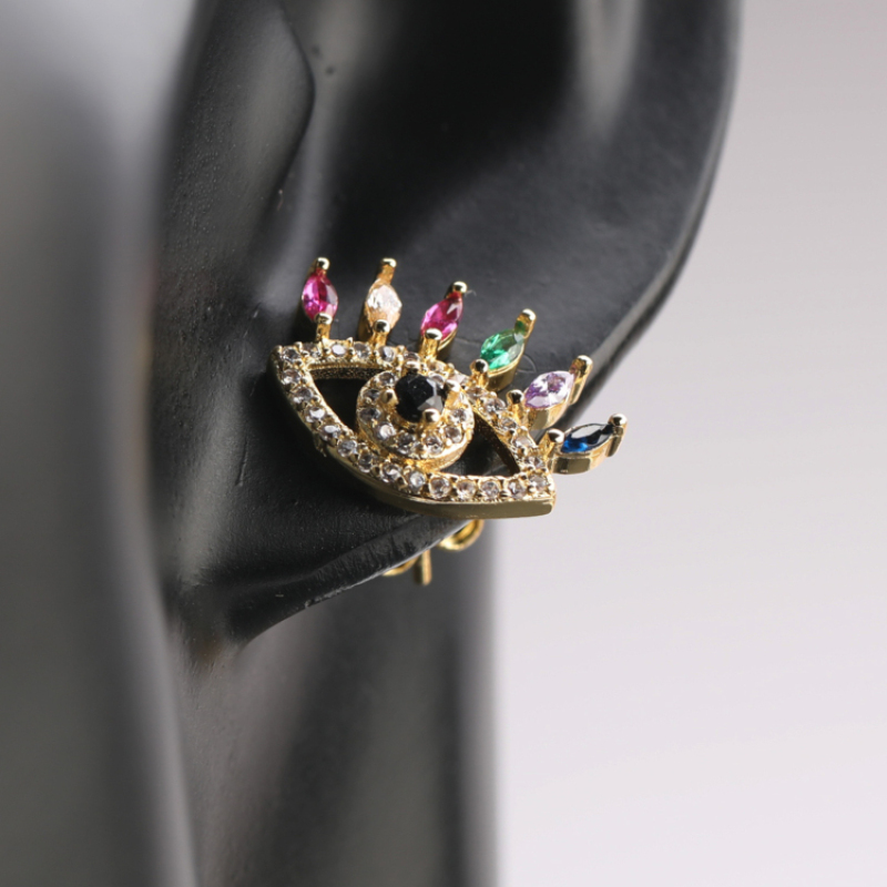 New Handmade Micro Insert Zirconia Gold Brass Lifelike Nazar Boncuk Stud Earring Jewelry for Womens