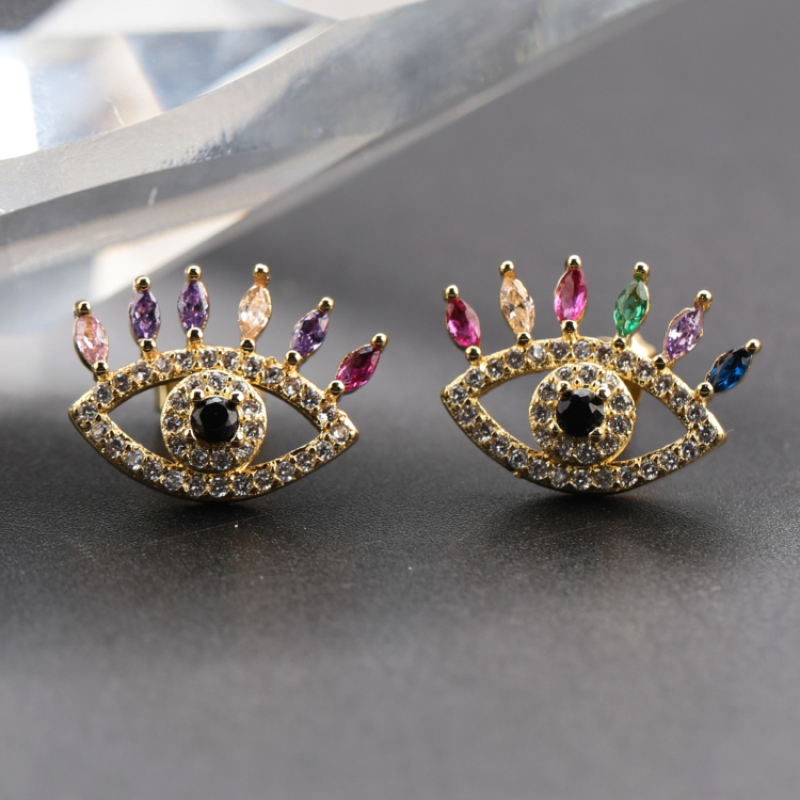 New Handmade Micro Insert Zirconia Gold Brass Lifelike Nazar Boncuk Stud Earring Jewelry for Womens