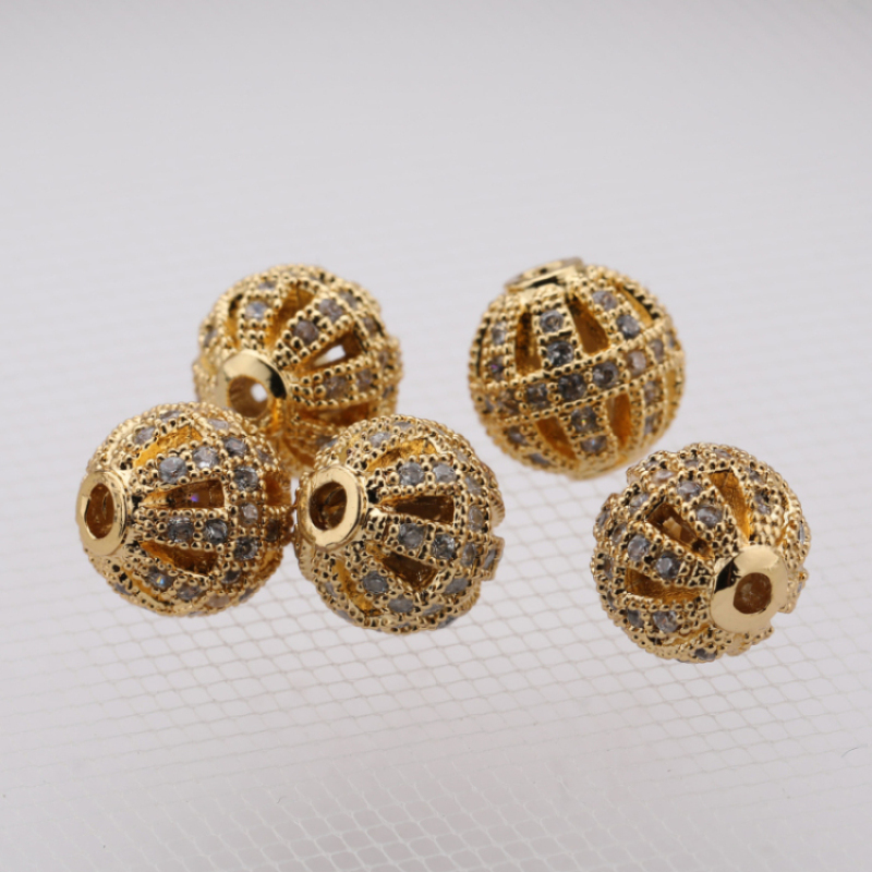 18K Gold Jewelry Zirconia Beads Hollowed Diamond Inlay Ball Hole Bead for DIY Jewelry