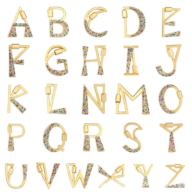 Multi Colors Micro Pave Letter Alphabet Climbing Button Carabiner Clasp Pendant for Necklace Making