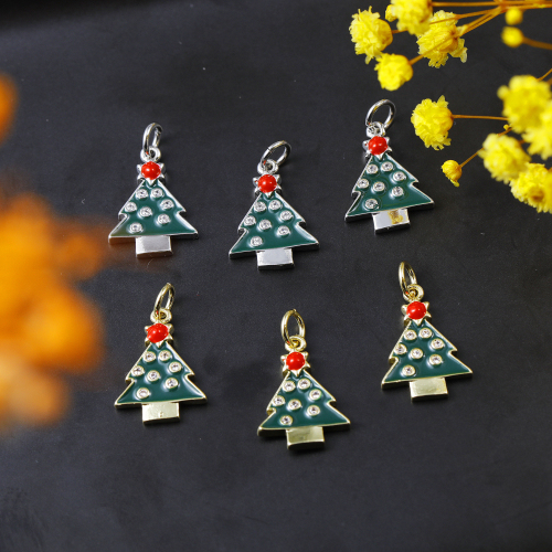 Gold Plated Necklace Pendants Designer Enamel Christmas Tree Charms for Jewelry Making